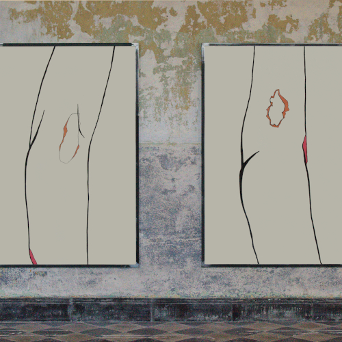 o.T. [Knie 1-7], 2018, Zeichnung, Tusche auf Papier, 140 x 93 cm, gerahmt 142x95 cm, Ausstellungsansicht